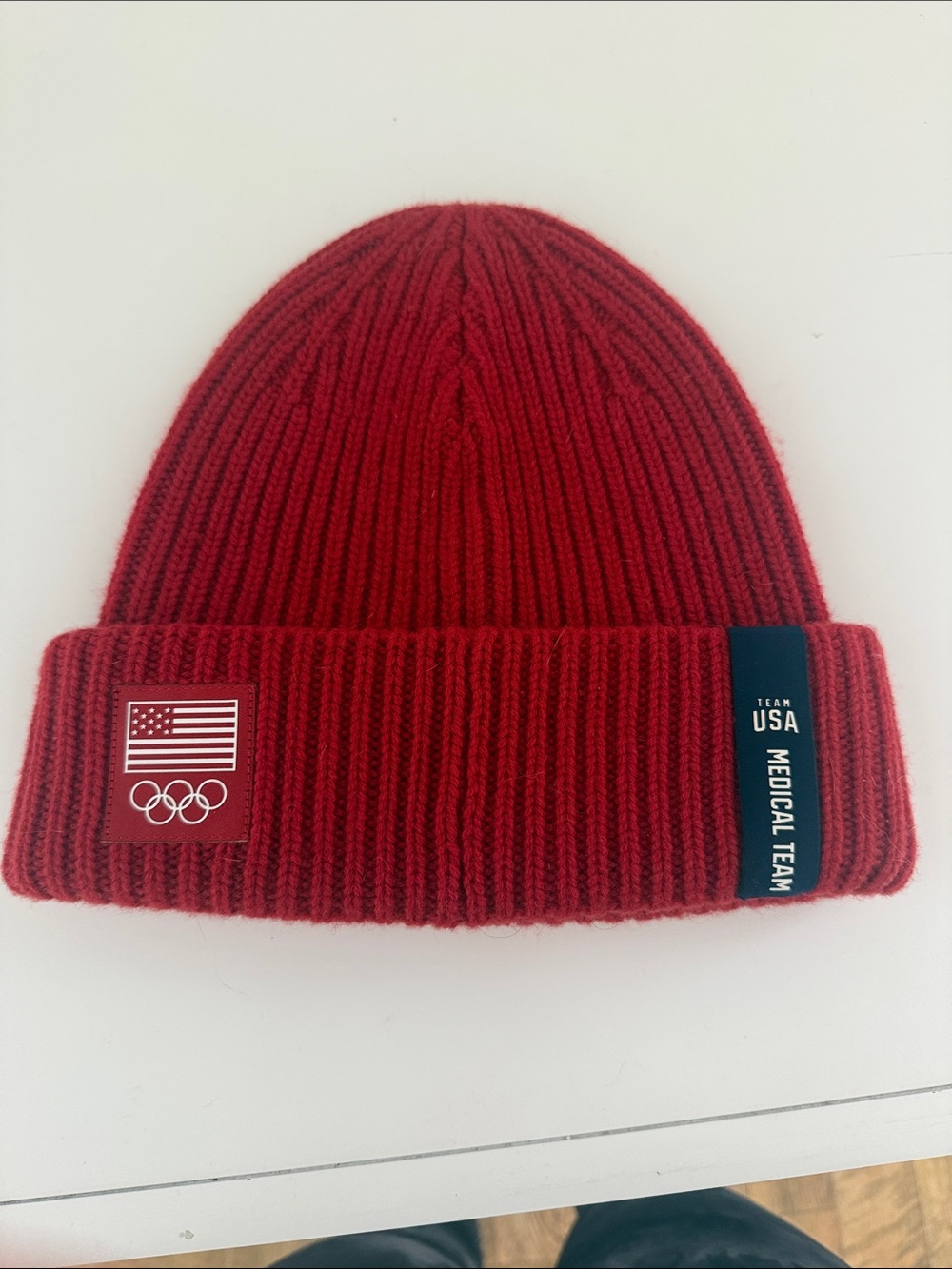 Figs Red Ribbed Beanie with USA Patch